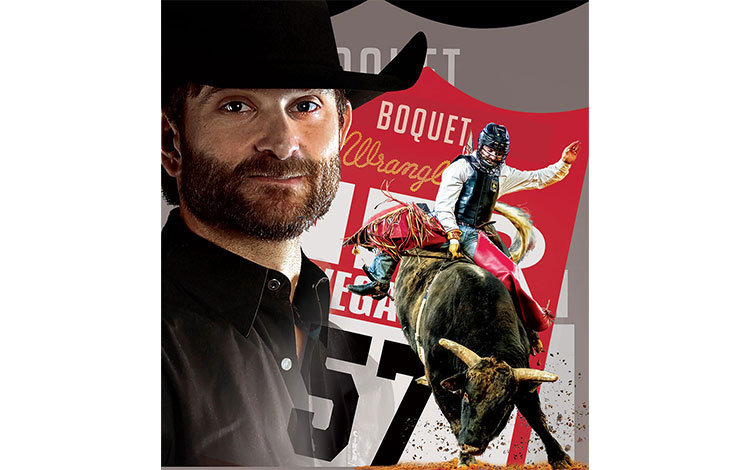 A photo collage of bull rider, Dustin Boquet, riding a bull placed over his NFR back number and his headshot. 